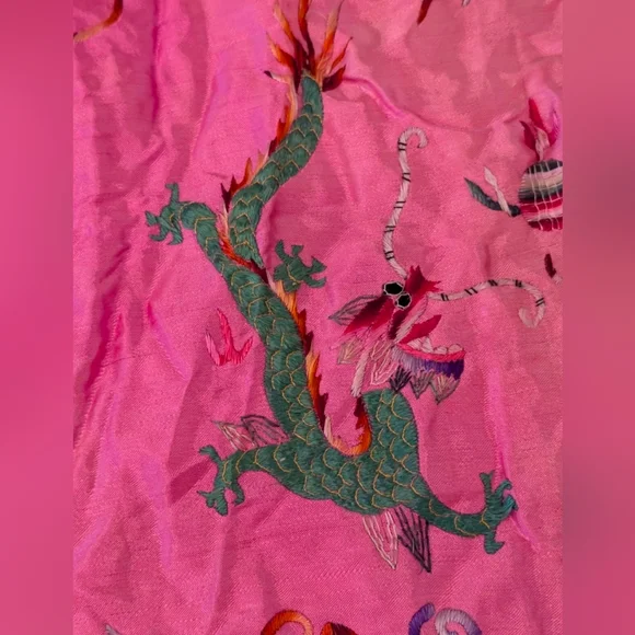 RARE Child Shanghai Embroidered Robe Cape Vintage Satin Dragon Fur Trim Pink - Picture 7 of 16